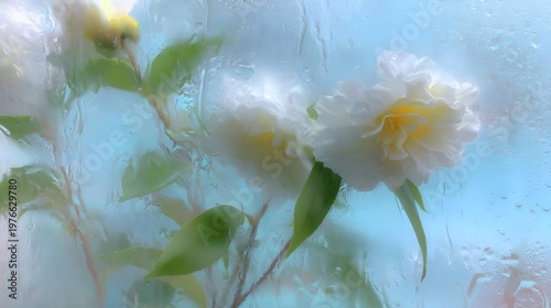 White Flowers Behind Rain-Streaked Glass
