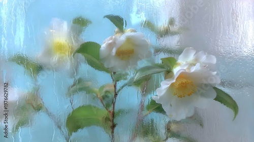 White Flowers Behind Rain-Streaked Glass