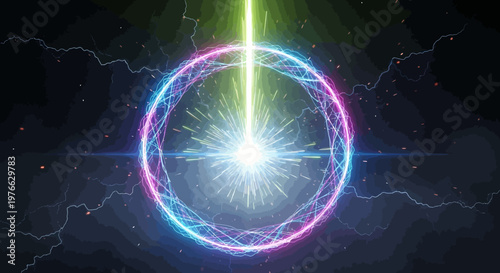 A vibrant green light beam strikes a glowing core surrounded by a swirling blue and pink energy ring, set against a dark, electrified background.