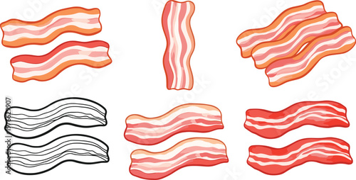 Bacon Strip Illustration Set with Raw and Cooked Variations for Meat Food Ingredient Cooking and Breakfast Design Collection
