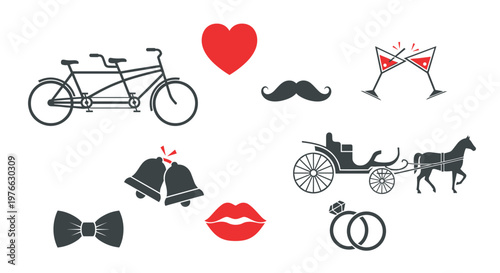 Collection of wedding icons including tandem bicycle carriage rings bells mustache lips heart and champagne glasses