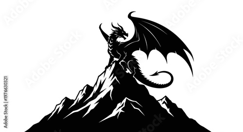 Majestic black silhouette dragon perched atop a craggy mountain peak wings spread against a stark white background