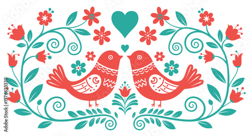Charming folk art illustration of two red birds facing each other with a teal heart above surrounded by decorative