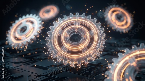 Digital workflow, integration, and orchestration for enterprise IT are visualized by a glowing metallic gear floating over a circuit board, illustrating process automation.