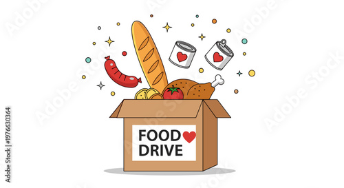 Food drive donation box overflowing with diverse groceries bread cooked chicken sausage and fruit symbolizing charity