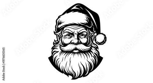 Classic black and white illustration of santa claus's stern face with a fluffy white beard and hat embodying holiday