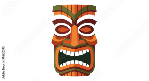 Fierce hawaiian tiki mask carved from wood with vibrant orange green and brown tones featuring exaggerated eyes
