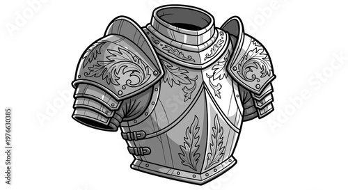 Ornate medieval full metal knight armor chest plate with ornate shoulder pauldrons and gorget detailed engraved