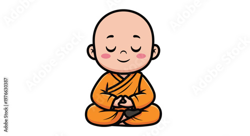 Serene cartoon monk meditating peacefully in lotus pose eyes closed with a gentle smile wearing traditional orange