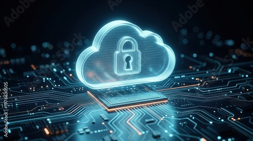 A secure, glowing cloud featuring a padlock hovers over a futuristic circuit board, representing data sovereignty and code compliance.