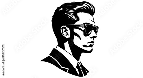 Sharp black and white stylized profile of a confident man in sunglasses and suit representing business mystery