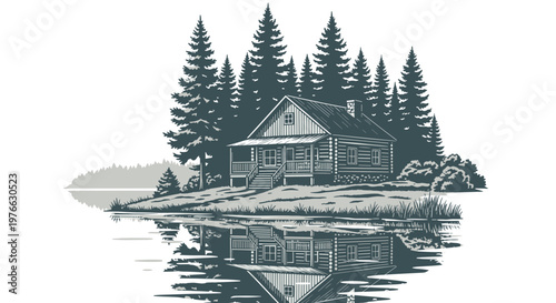 Rustic log cabin nestled in a dense pine forest beside a tranquil lake reflecting perfectly in the calm water evoking