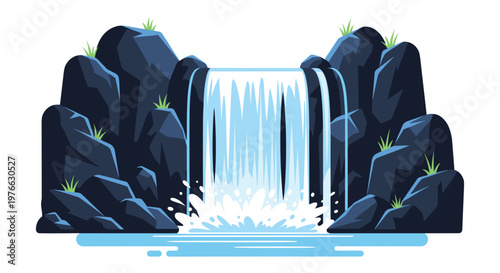 Majestic waterfall cascades down dark rugged rocks adorned with sparse green grass creating a serene natural landscape