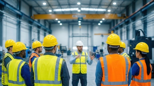 Team of industrial workers, equipped with hardhats and high-visibility vests, receive instructions on job hazard analysis from a safety auditor in a warehouse.