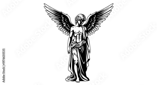 Majestic angelic figure with expansive wings depicted in a classical sculpture style with dramatic lighting and a stark
