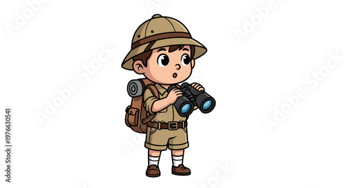 Curious young boy explorer in safari outfit with backpack and binoculars ready for adventure and discovery in the wild