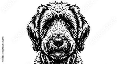 Detailed black and white sketch portrait of a fluffy friendly dog's face capturing expressive eyes and textured fur