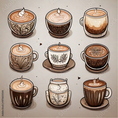 Nine Cups of Coffee with Cream and Foam Art.