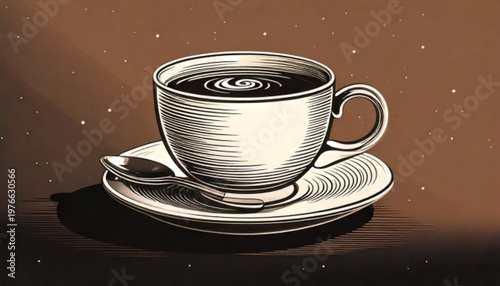 A steaming cup of coffee on a saucer with a dark background.