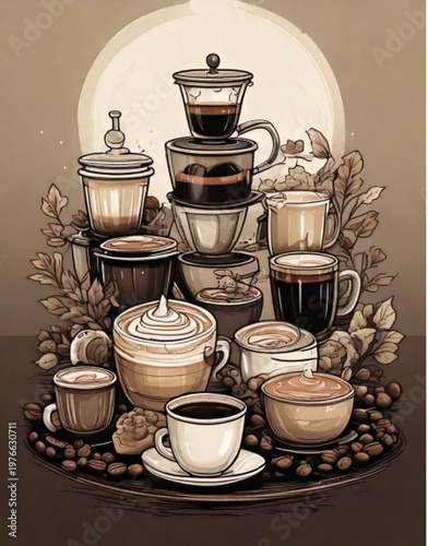 Collection of coffee cups and brewing equipment arranged artfully.