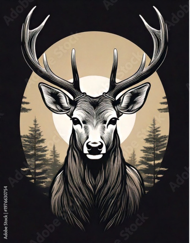 Pixel Art Majestic Stag Portrait with Antlers and Forest Background.