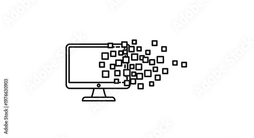 Computer screen with squares flying out.