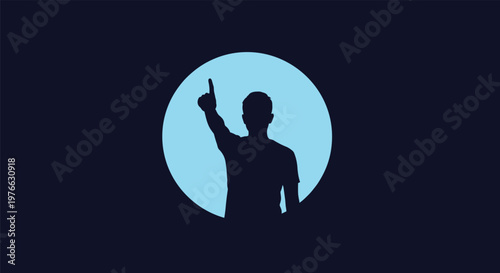 Silhouette of a man with his finger pointing upward inside a bright blue circle against a dark background for victory or inspiration.