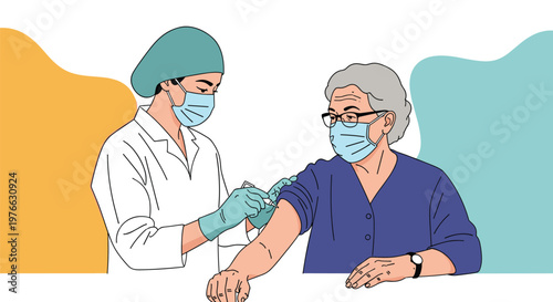 Professional nurse wearing a mask and medical cap administering a vaccine shot to an elderly woman in a blue shirt.