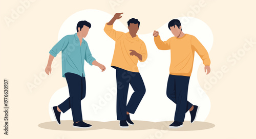 Three young men in casual outfits dancing together and having fun in a group against an abstract beige background.