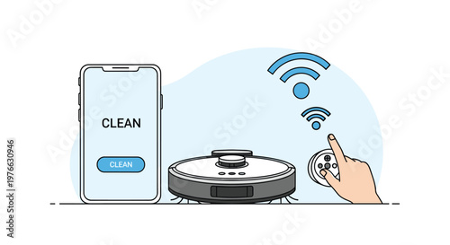 Illustration of a smart robot vacuum cleaner being controlled by a smartphone app and a remote control via wifi signal.