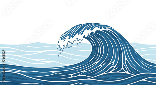 Powerful blue ocean wave curling and splashing in a stylized art style against a white background representing sea energy.