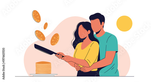 Happy young couple in the kitchen flipping pancakes together in a pan for a romantic breakfast in the morning.