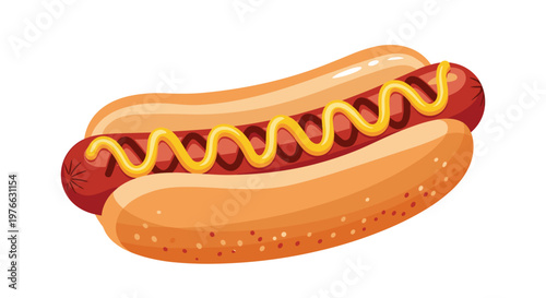 Tasty classic hot dog with a grilled sausage inside a soft bun and drizzled with yellow mustard in a simple illustration.