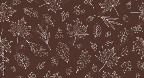 Elegant seamless pattern of white line art autumn leaves and acorns on a dark brown background for fall season decor.
