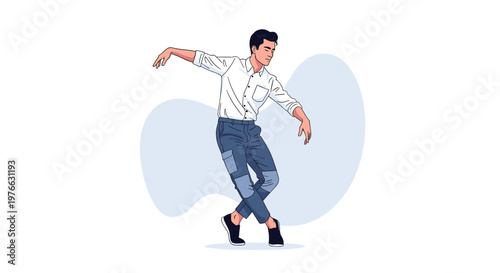 Dynamic illustration of a young man in a white shirt and blue pants performing an expressive solo dance move on a plain background.