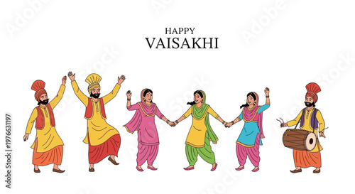 Line art celebrates Happy Vaisakhi with a group of traditionally dressed people holding hands, joyous and colorful, with men in turbans and women in salwar kameez against a clean white