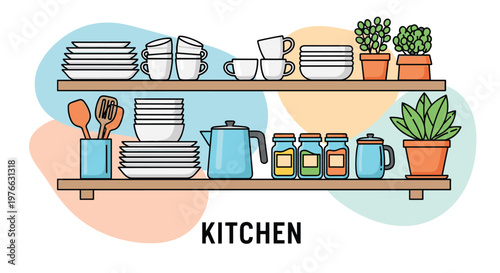 Organized kitchen wooden shelves filled with various white dishes, cups, glasses, spices, and green potted plants.