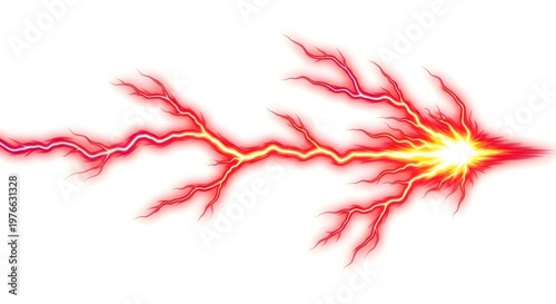 A vibrant red lightning bolt electrifies the air with its bright yellow core and branching tendrils.