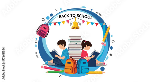 Circular back to school design featuring two children reading books among school supplies like backpacks and pencils.