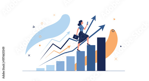 Ambitious businesswoman walking up a blue rising bar chart toward arrows pointing up for career growth and success.