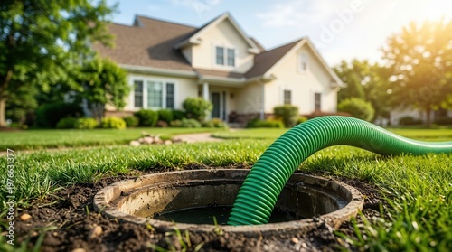 Depicting critical drainage and sewer cleaning, a green corrugated hose descends into an open manhole on a well-maintained residential lawn.