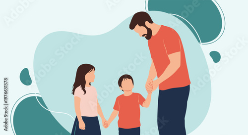 Father holding hands with his young son and daughter against an abstract organic background representing family bond.