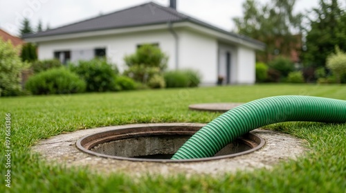 On a residential lawn, an uncovered manhole reveals a green suction hose involved in effective sewer maintenance, pump operation, and liquid waste removal.