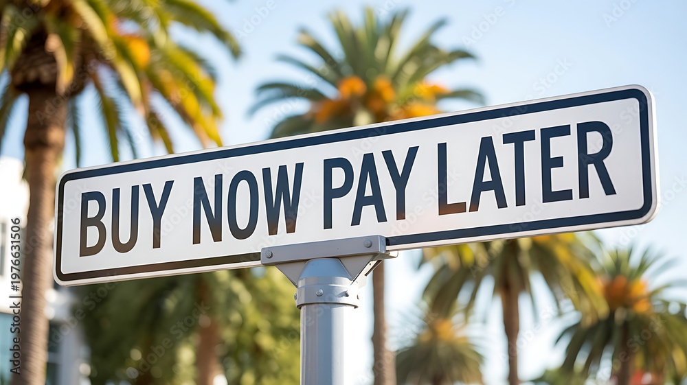 Fototapeta premium Buy now pay later street sign with palm trees consumerism commerce shopping financial transaction