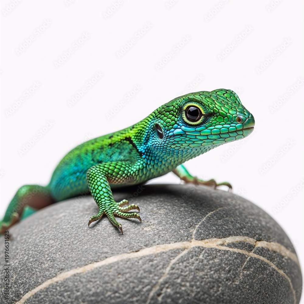 Fototapeta premium Vivid green lizard perched on smooth gray rock in natural daylight