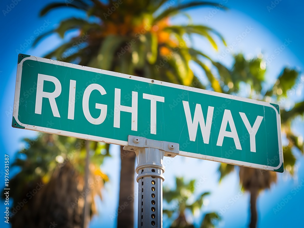 Fototapeta premium Right way street sign with palm trees correct path direction decision guidance correctness progress