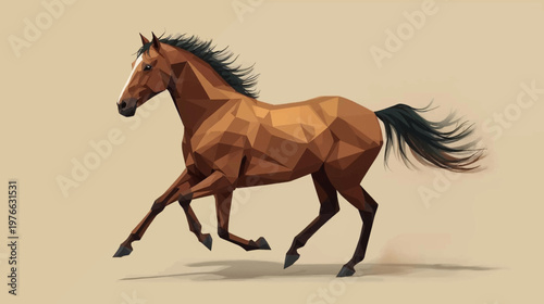 A low-poly geometric brown horse with a dark mane and tail galloping across a plain background in a stylized digital illustration.