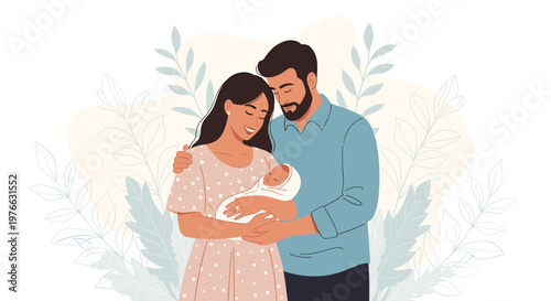 Loving parents hold their newborn baby wrapped in a blanket while standing before a soft floral backdrop of leaves and plant silhouettes.