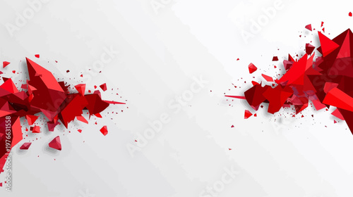 A dynamic abstract background featuring red shattered geometric fragments exploding on a clean white surface.