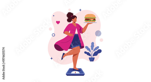 Woman balancing on a bathroom scale while holding a large hamburger represents the struggle with diet and weight loss goals.